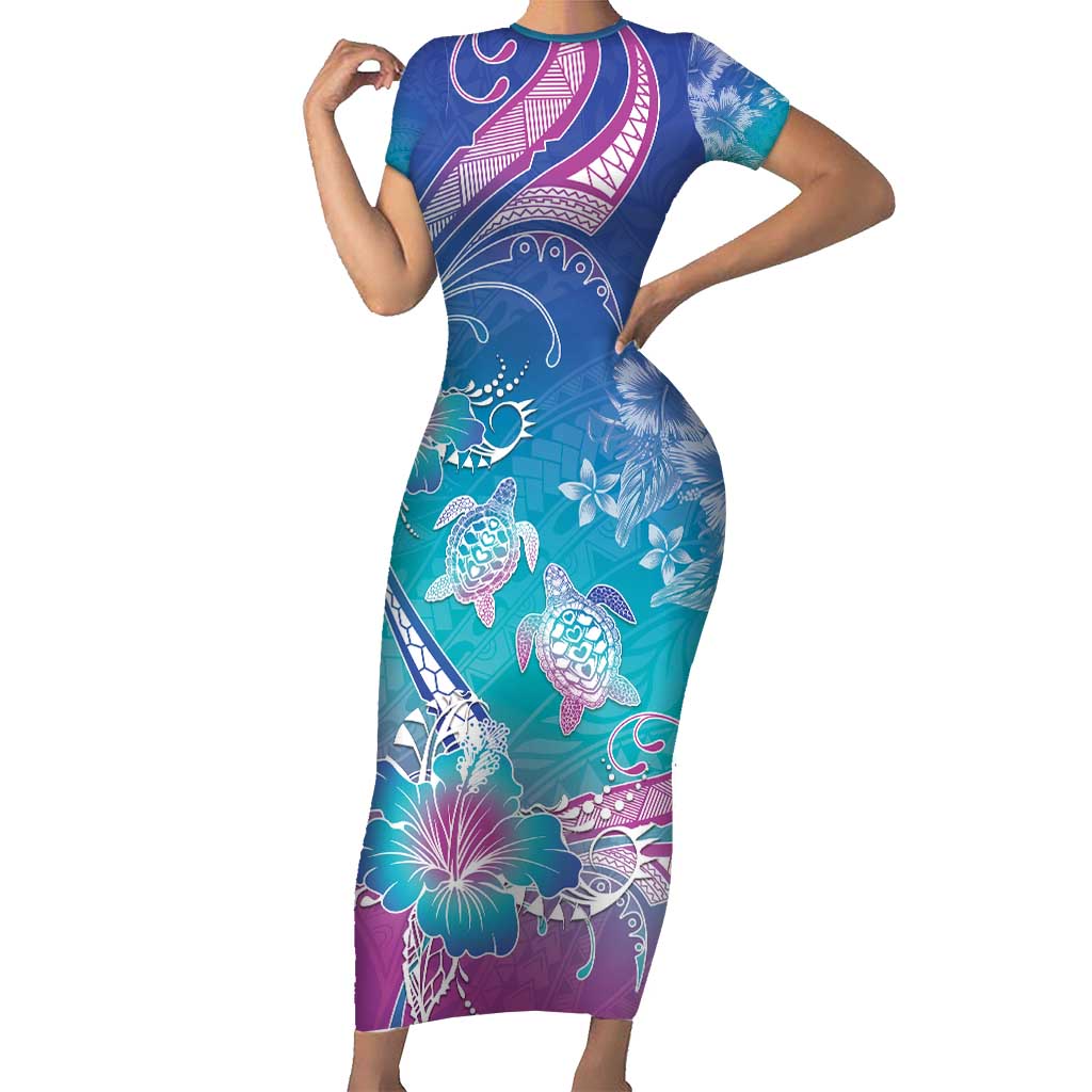 Polynesia Sea Turtle Couple Family Matching Short Sleeve Bodycon Dress and Hawaiian Shirt Love Is Life LT05 Mom's Dress Blue - Polynesian Pride