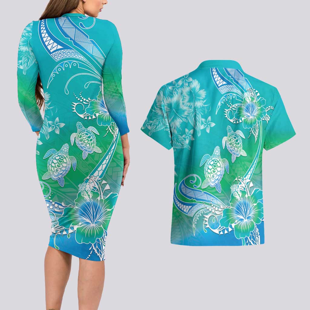 Polynesia Sea Turtle Couple Couples Matching Long Sleeve Bodycon Dress and Hawaiian Shirt I Am Turtley In Love With You LT05 - Polynesian Pride