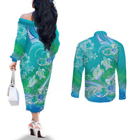 Polynesia Sea Turtle Couple Couples Matching Off The Shoulder Long Sleeve Dress and Long Sleeve Button Shirt I Am Turtley In Love With You