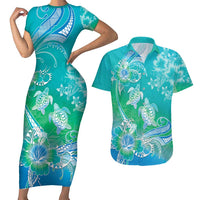 Polynesia Sea Turtle Couple Couples Matching Short Sleeve Bodycon Dress and Hawaiian Shirt I Am Turtley In Love With You LT05 Turquoise - Polynesian Pride