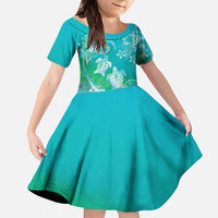 Polynesia Sea Turtle Couple Family Matching Long Sleeve Bodycon Dress and Hawaiian Shirt I Am Turtley In Love With You LT05 Daughter's Dress Turquoise - Polynesian Pride
