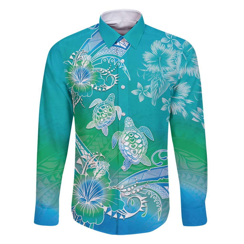 Polynesia Sea Turtle Couple Family Matching Long Sleeve Bodycon Dress and Hawaiian Shirt I Am Turtley In Love With You LT05 Dad's Shirt - Long Sleeve Turquoise - Polynesian Pride