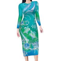 Polynesia Sea Turtle Couple Family Matching Long Sleeve Bodycon Dress and Hawaiian Shirt I Am Turtley In Love With You LT05 Mom's Dress Turquoise - Polynesian Pride