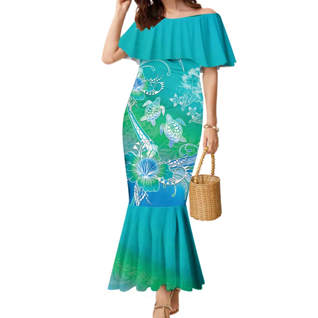 Polynesia Sea Turtle Couple Family Matching Mermaid Dress and Hawaiian Shirt I Am Turtley In Love With You LT05 Mom's Dress Turquoise - Polynesian Pride