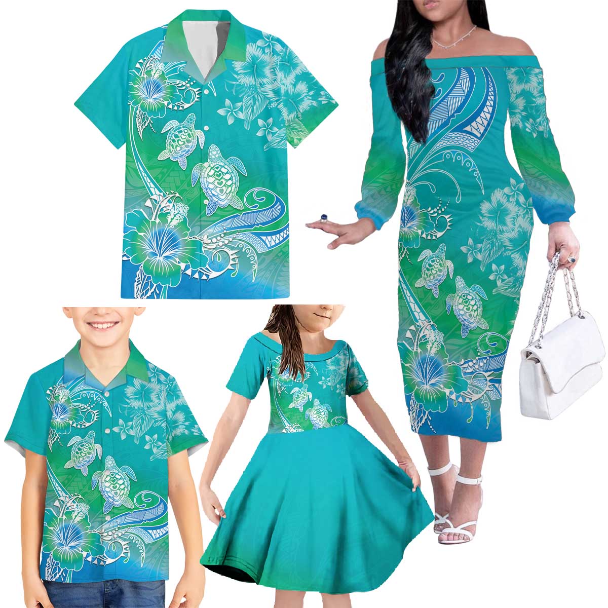 Polynesia Sea Turtle Couple Family Matching Off The Shoulder Long Sleeve Dress and Hawaiian Shirt I Am Turtley In Love With You LT05 Turquoise - Polynesian Pride