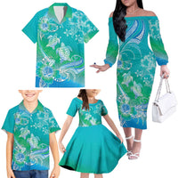 Polynesia Sea Turtle Couple Family Matching Off The Shoulder Long Sleeve Dress and Hawaiian Shirt I Am Turtley In Love With You LT05 Turquoise - Polynesian Pride