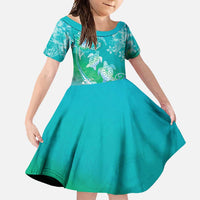 Polynesia Sea Turtle Couple Family Matching Off Shoulder Maxi Dress and Hawaiian Shirt I Am Turtley In Love With You LT05 Daughter's Dress Turquoise - Polynesian Pride