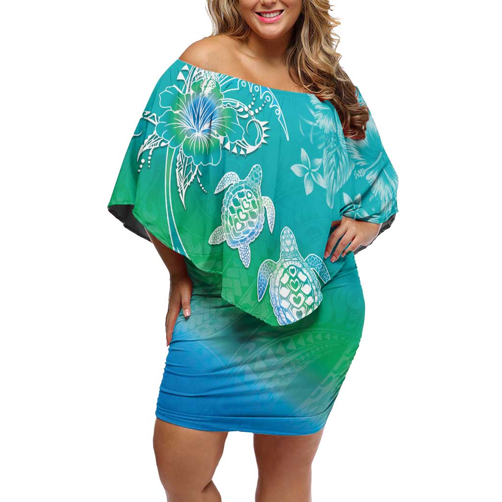 Polynesia Sea Turtle Couple Family Matching Off Shoulder Short Dress and Hawaiian Shirt I Am Turtley In Love With You LT05 Mom's Dress Turquoise - Polynesian Pride