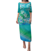 Polynesia Sea Turtle Couple Family Matching Puletasi and Hawaiian Shirt I Am Turtley In Love With You LT05 Mom's Dress Turquoise - Polynesian Pride