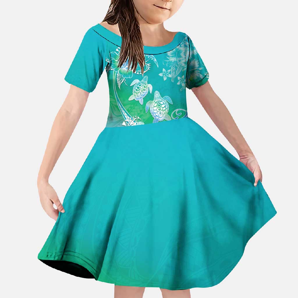 Polynesia Sea Turtle Couple Family Matching Tank Maxi Dress and Hawaiian Shirt I Am Turtley In Love With You LT05 Daughter's Dress Turquoise - Polynesian Pride