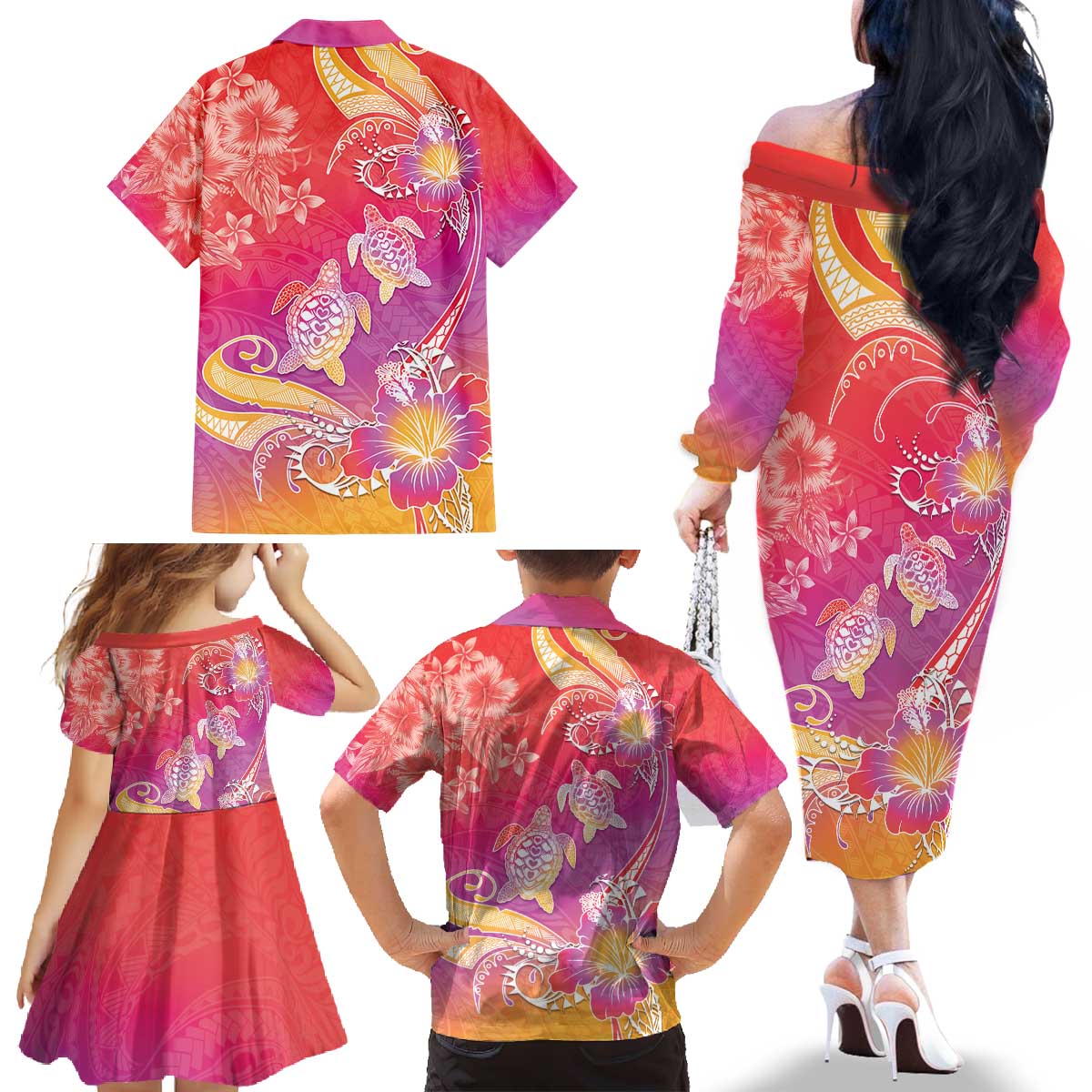 Polynesia Sea Turtle Couple Family Matching Off The Shoulder Long Sleeve Dress and Hawaiian Shirt One Soul One Love LT05 - Polynesian Pride