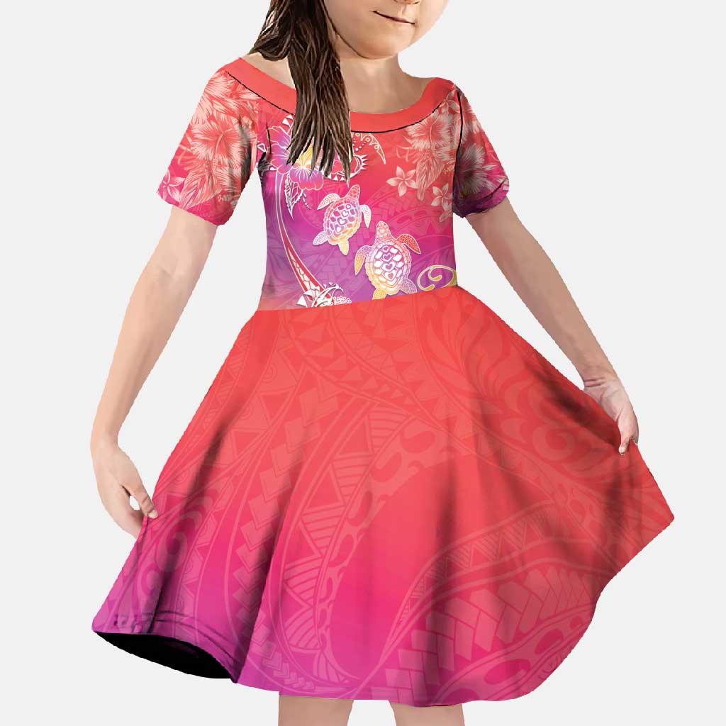 Polynesia Sea Turtle Couple Family Matching Off Shoulder Maxi Dress and Hawaiian Shirt One Soul One Love LT05 Daughter's Dress Red - Polynesian Pride