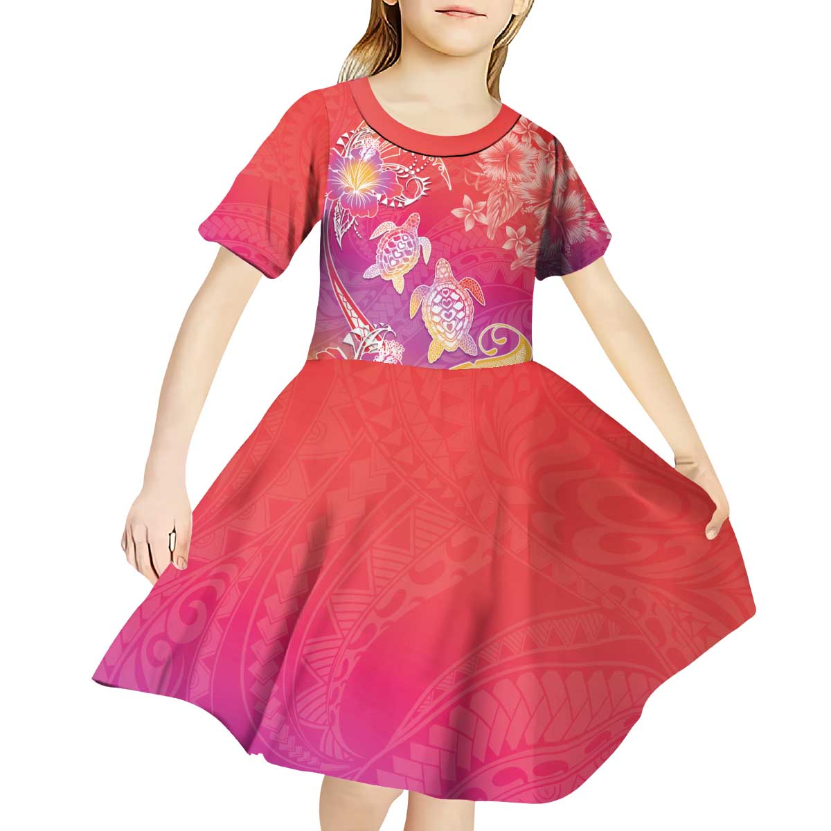 Polynesia Sea Turtle Couple Kid Short Sleeve Dress One Soul One Love