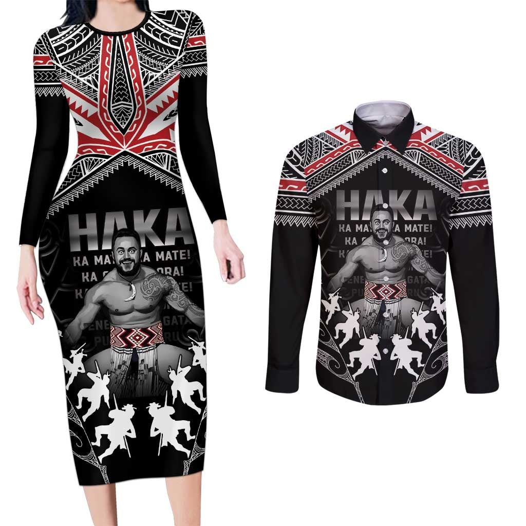 New Zealand Aotearoa Couples Matching Long Sleeve Bodycon Dress and Long Sleeve Button Shirt Traditional Kapa Haka LT05 Black - Polynesian Pride