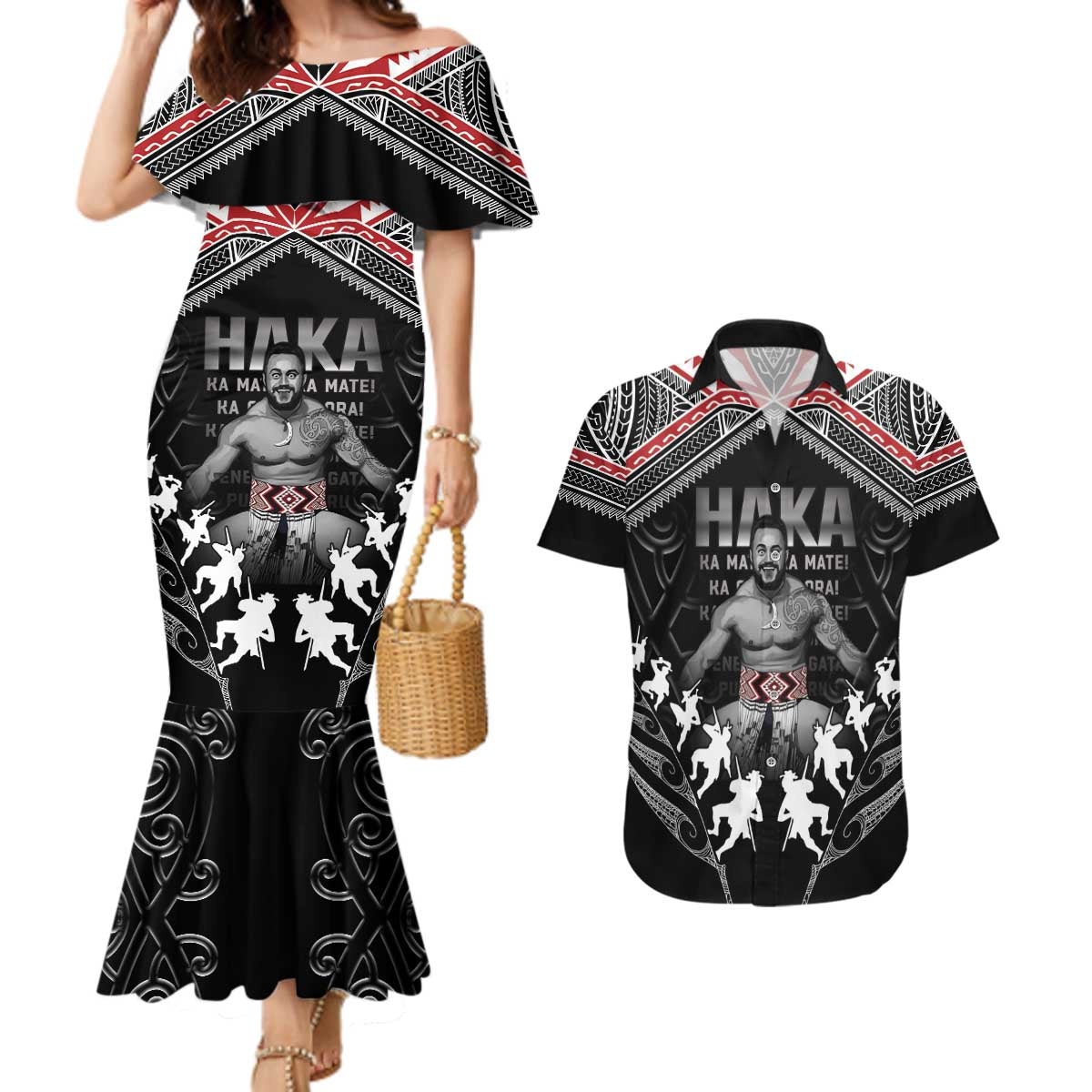 New Zealand Aotearoa Couples Matching Mermaid Dress and Hawaiian Shirt Traditional Kapa Haka LT05 Black - Polynesian Pride