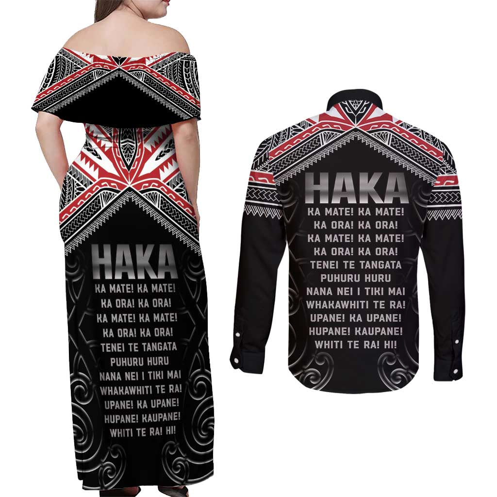 New Zealand Aotearoa Couples Matching Off Shoulder Maxi Dress and Long Sleeve Button Shirt Traditional Kapa Haka