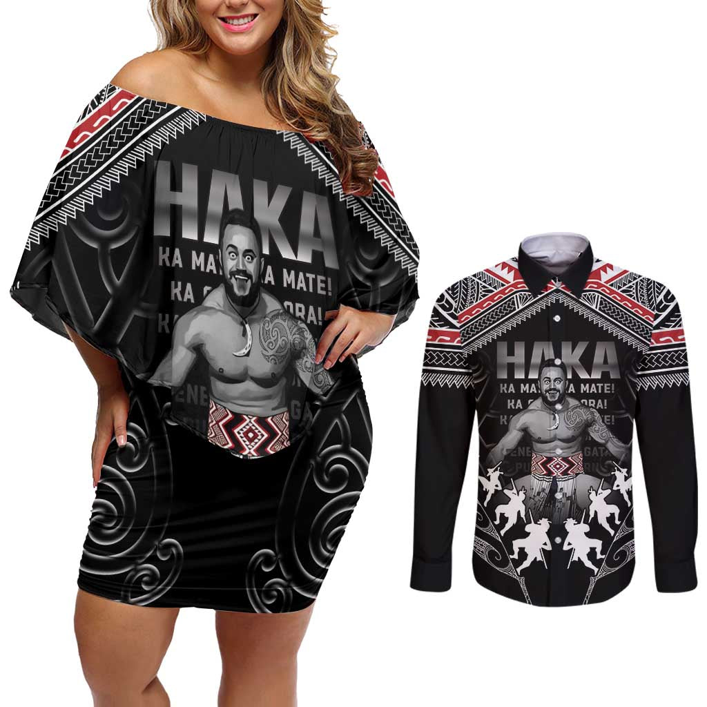 New Zealand Aotearoa Couples Matching Off Shoulder Short Dress and Long Sleeve Button Shirt Traditional Kapa Haka