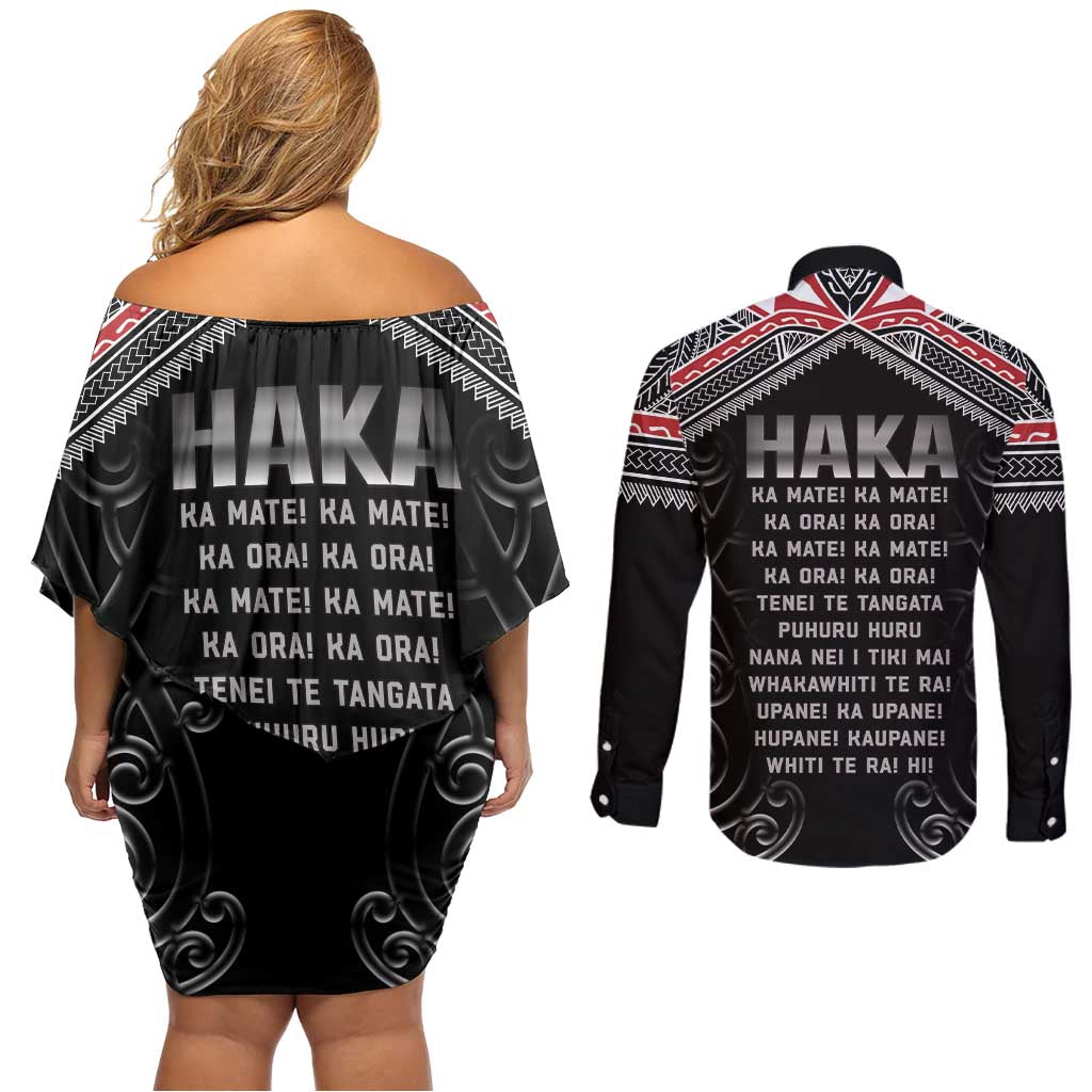 New Zealand Aotearoa Couples Matching Off Shoulder Short Dress and Long Sleeve Button Shirt Traditional Kapa Haka