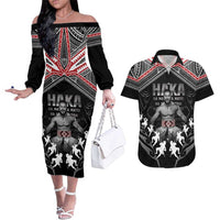 New Zealand Aotearoa Couples Matching Off The Shoulder Long Sleeve Dress and Hawaiian Shirt Traditional Kapa Haka LT05 Black - Polynesian Pride