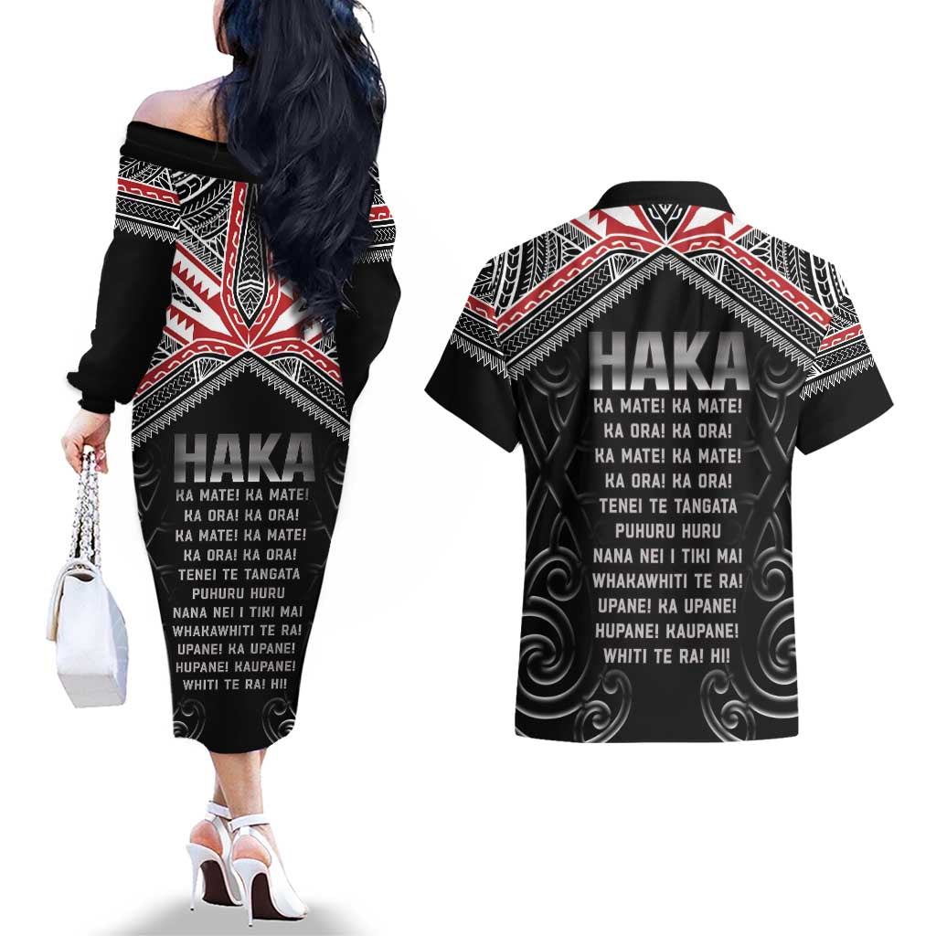 New Zealand Aotearoa Couples Matching Off The Shoulder Long Sleeve Dress and Hawaiian Shirt Traditional Kapa Haka LT05 - Polynesian Pride
