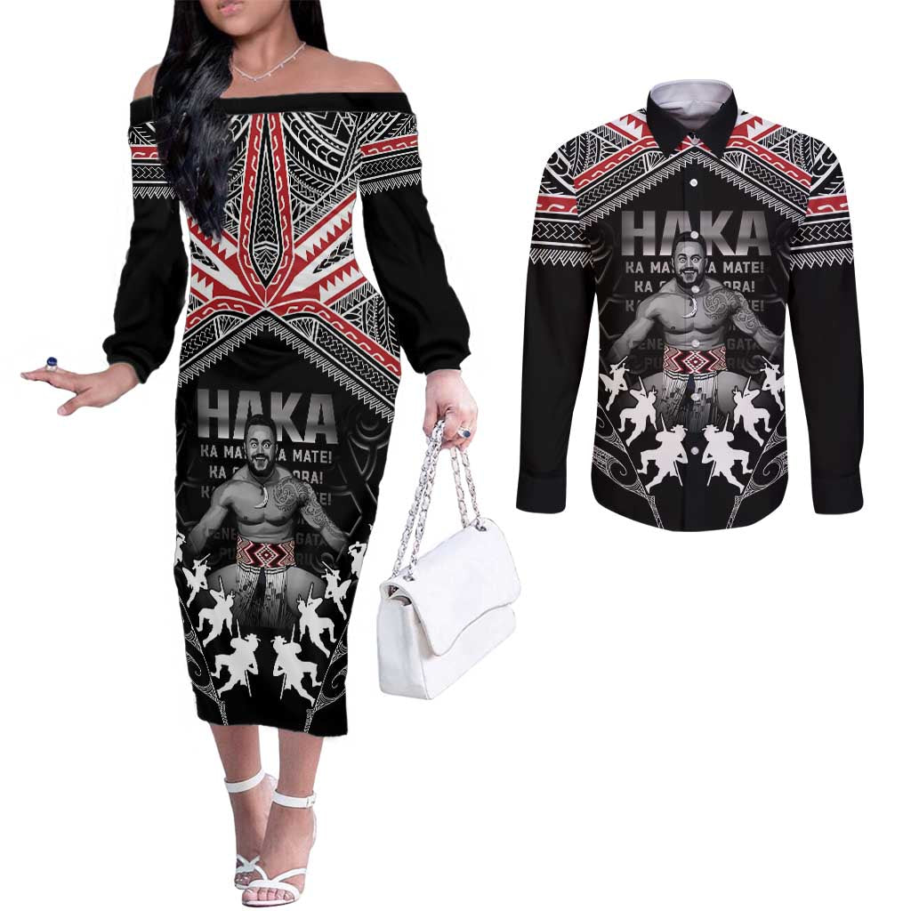 New Zealand Aotearoa Couples Matching Off The Shoulder Long Sleeve Dress and Long Sleeve Button Shirt Traditional Kapa Haka LT05 Black - Polynesian Pride