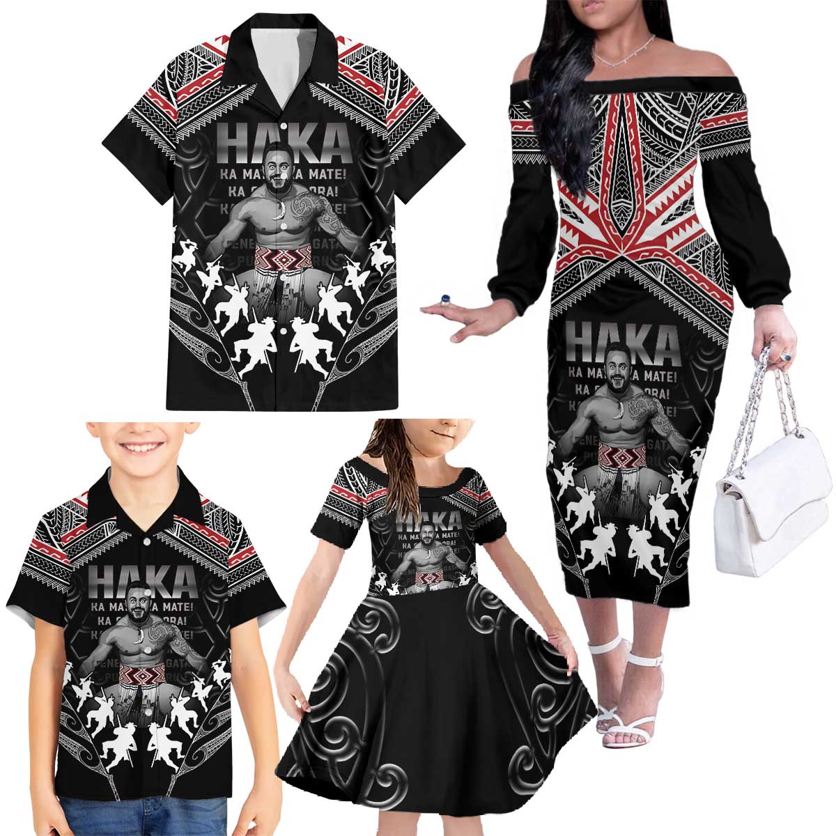 New Zealand Aotearoa Family Matching Off The Shoulder Long Sleeve Dress and Hawaiian Shirt Traditional Kapa Haka LT05 Black - Polynesian Pride