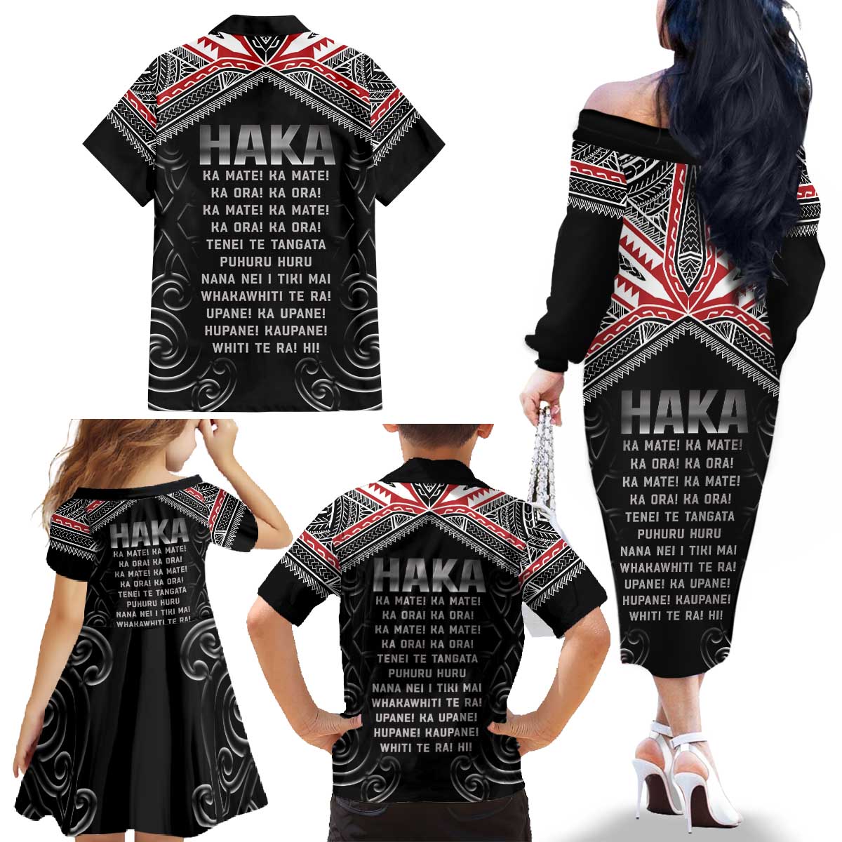 New Zealand Aotearoa Family Matching Off The Shoulder Long Sleeve Dress and Hawaiian Shirt Traditional Kapa Haka LT05 - Polynesian Pride