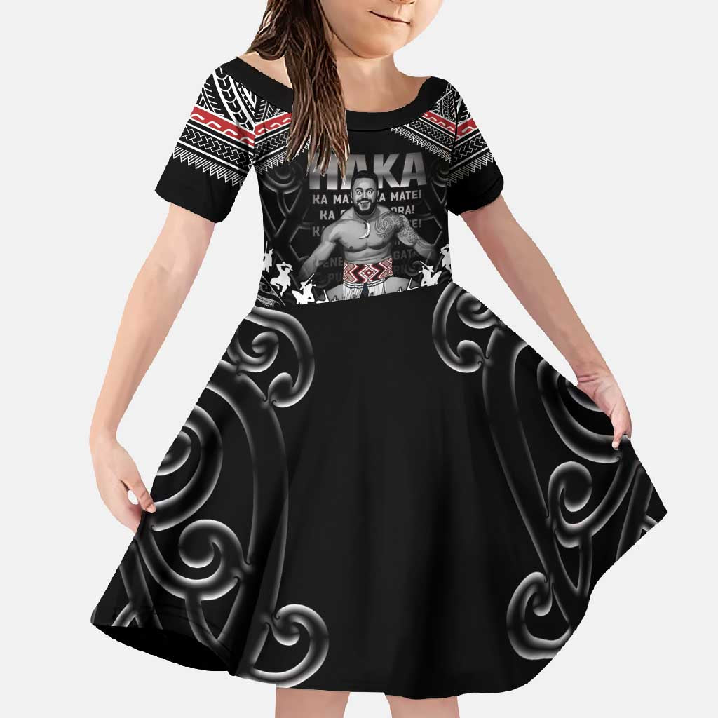 New Zealand Aotearoa Family Matching Short Sleeve Bodycon Dress and Hawaiian Shirt Traditional Kapa Haka LT05 Daughter's Dress Black - Polynesian Pride