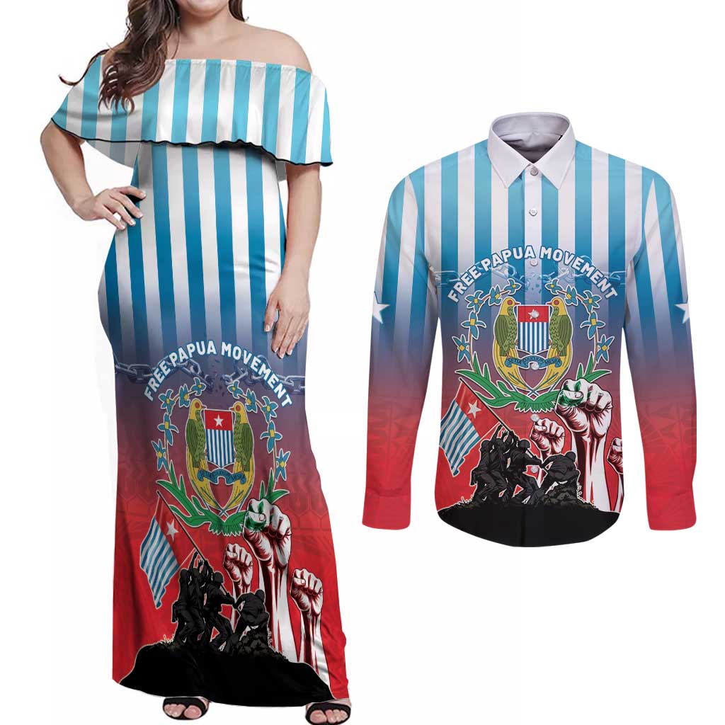 Personalised Free West Papua Couples Matching Off Shoulder Maxi Dress and Long Sleeve Button Shirt One People One Soul Unique Style - Polynesian Pride