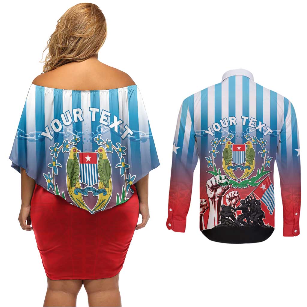 Personalised Free West Papua Couples Matching Off Shoulder Short Dress and Long Sleeve Button Shirt One People One Soul Unique Style - Polynesian Pride
