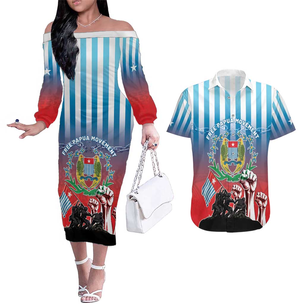 Personalised Free West Papua Couples Matching Off The Shoulder Long Sleeve Dress and Hawaiian Shirt One People One Soul Unique Style LT05 Blue - Polynesian Pride