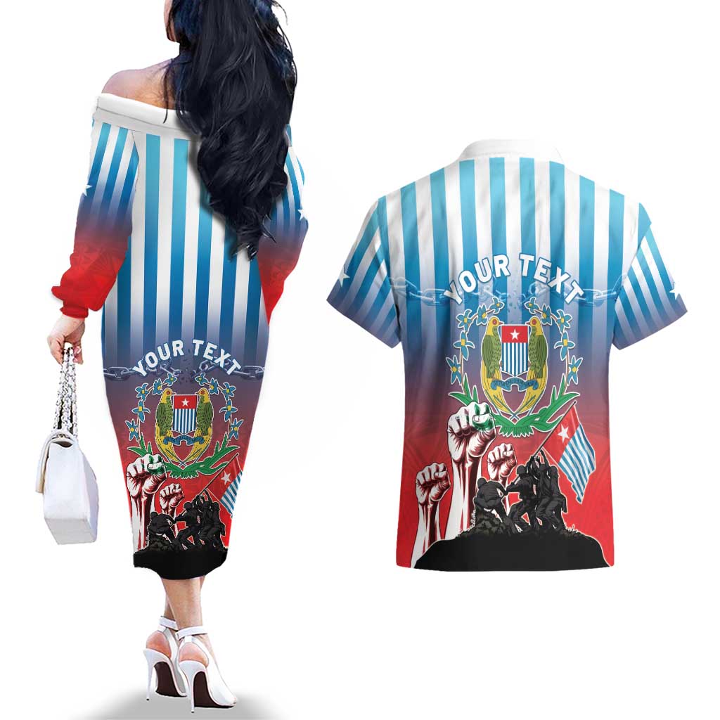 Personalised Free West Papua Couples Matching Off The Shoulder Long Sleeve Dress and Hawaiian Shirt One People One Soul Unique Style LT05 - Polynesian Pride