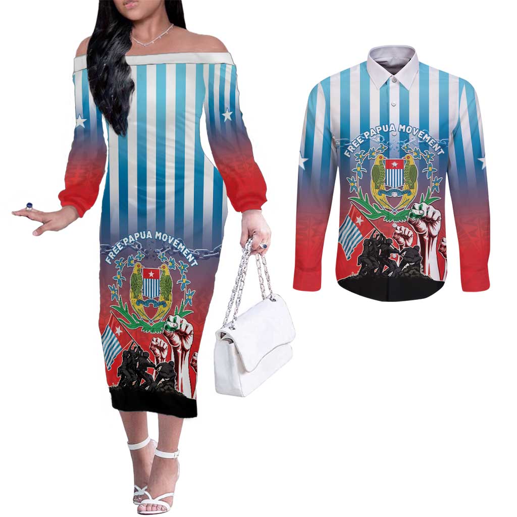 Personalised Free West Papua Couples Matching Off The Shoulder Long Sleeve Dress and Long Sleeve Button Shirt One People One Soul Unique Style - Polynesian Pride