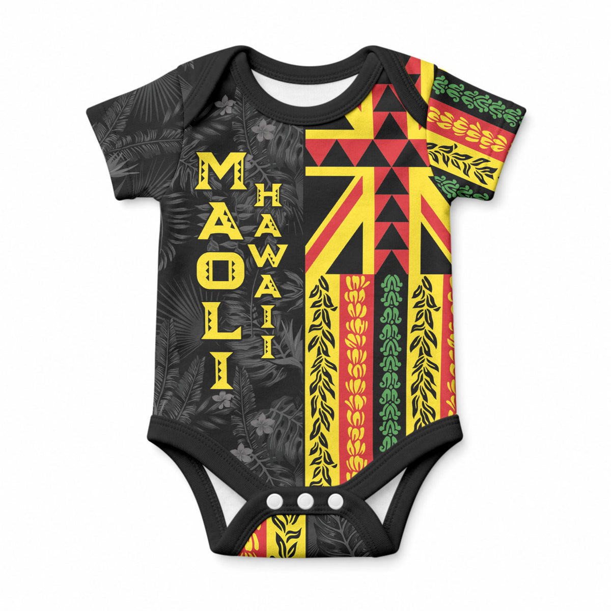 Hawaii Maoli Spirit Baby Onesie Kakau Pattern With Flower Lei LT05 Black - Polynesian Pride