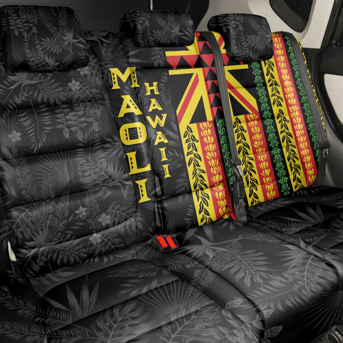 Hawaii Maoli Spirit Back Car Seat Cover Kakau Pattern With Flower Lei - Polynesian Pride