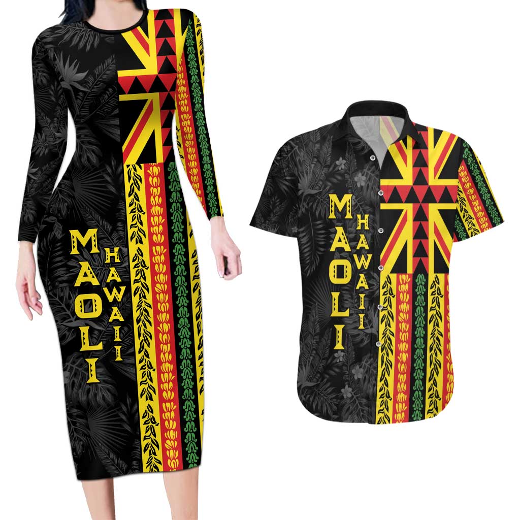 Hawaii Maoli Spirit Couples Matching Long Sleeve Bodycon Dress and Hawaiian Shirt Kakau Pattern With Flower Lei - Polynesian Pride