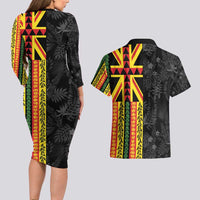 Hawaii Maoli Spirit Couples Matching Long Sleeve Bodycon Dress and Hawaiian Shirt Kakau Pattern With Flower Lei LT05 - Polynesian Pride