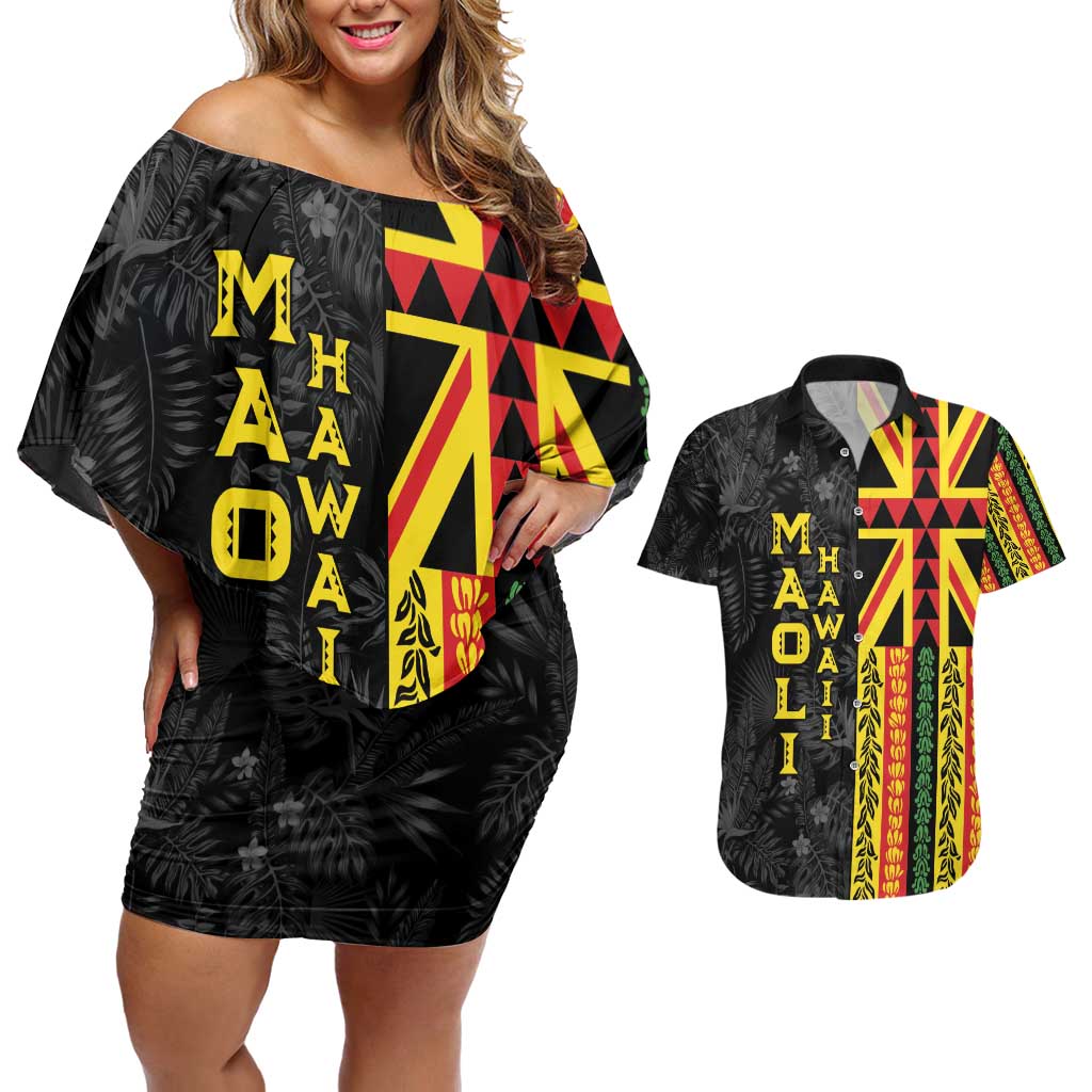 Hawaii Maoli Spirit Couples Matching Off Shoulder Short Dress and Hawaiian Shirt Kakau Pattern With Flower Lei - Polynesian Pride