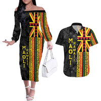 Hawaii Maoli Spirit Couples Matching Off The Shoulder Long Sleeve Dress and Hawaiian Shirt Kakau Pattern With Flower Lei LT05 Black - Polynesian Pride