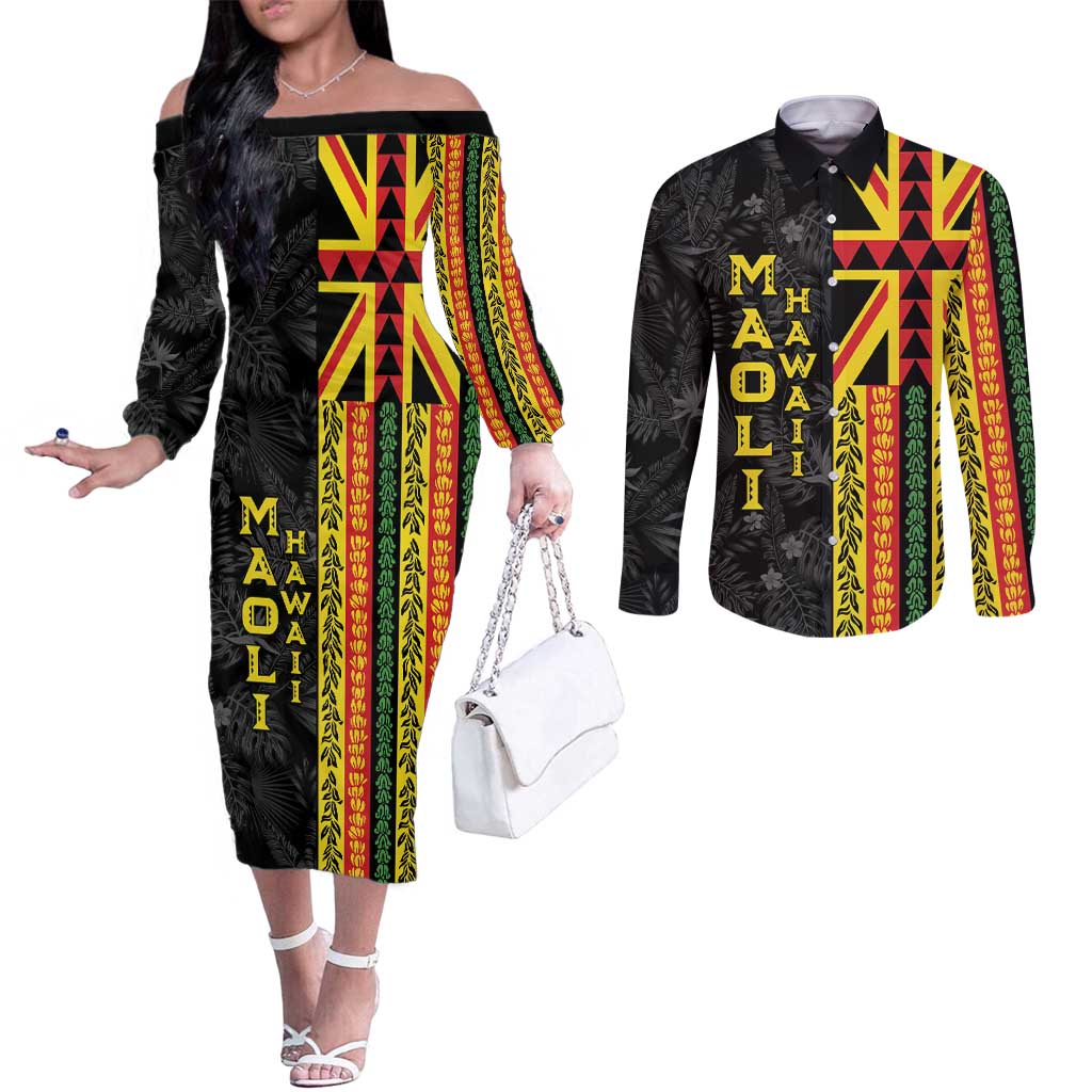 Hawaii Maoli Spirit Couples Matching Off The Shoulder Long Sleeve Dress and Long Sleeve Button Shirt Kakau Pattern With Flower Lei - Polynesian Pride