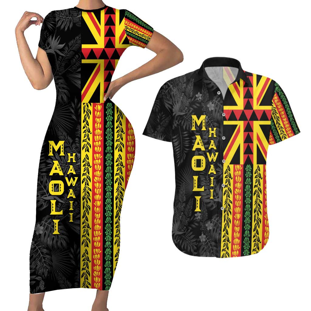 Hawaii Maoli Spirit Couples Matching Short Sleeve Bodycon Dress and Hawaiian Shirt Kakau Pattern With Flower Lei LT05 Black - Polynesian Pride