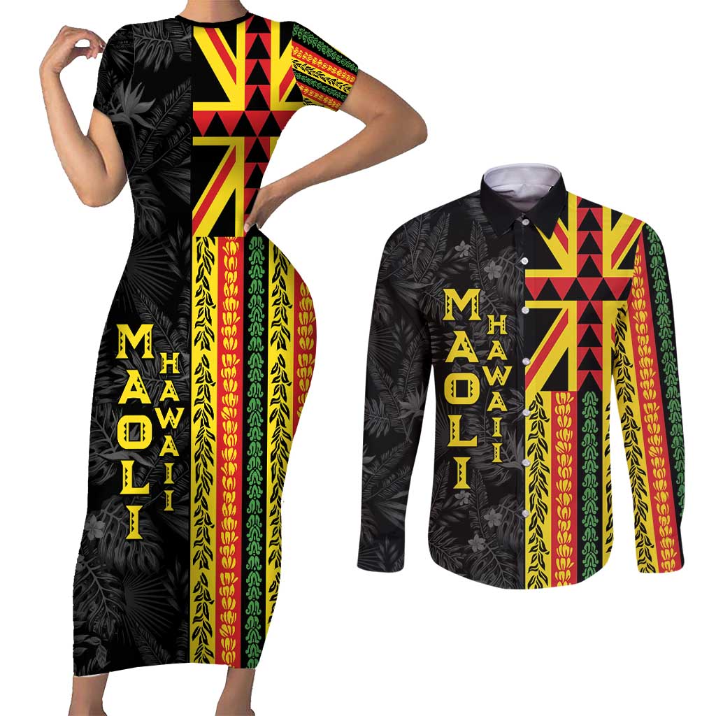 Hawaii Maoli Spirit Couples Matching Short Sleeve Bodycon Dress and Long Sleeve Button Shirt Kakau Pattern With Flower Lei - Polynesian Pride