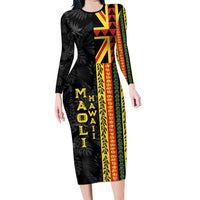 Hawaii Maoli Spirit Family Matching Long Sleeve Bodycon Dress and Hawaiian Shirt Kakau Pattern With Flower Lei LT05 Mom's Dress Black - Polynesian Pride