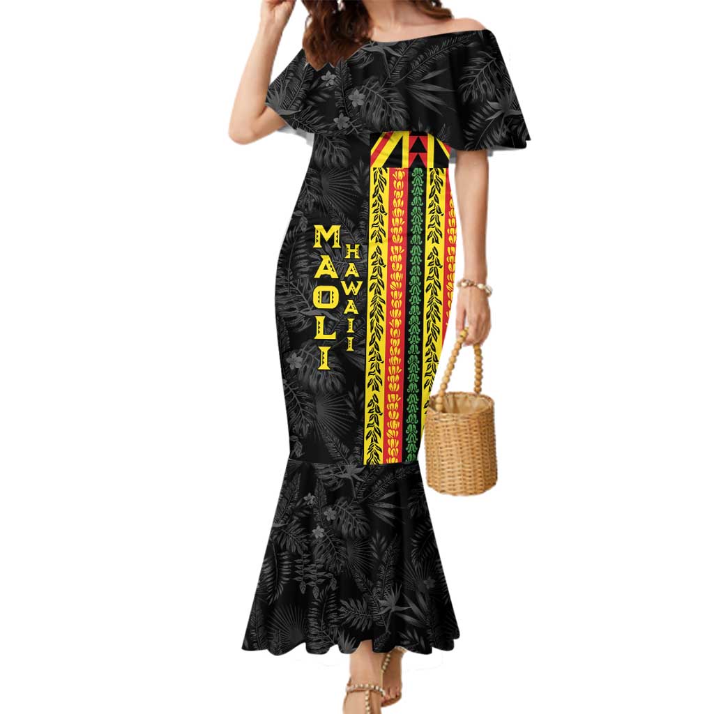 Hawaii Maoli Spirit Family Matching Mermaid Dress and Hawaiian Shirt Kakau Pattern With Flower Lei LT05 Mom's Dress Black - Polynesian Pride