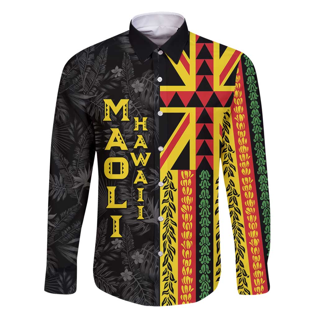 Hawaii Maoli Spirit Family Matching Off Shoulder Maxi Dress and Hawaiian Shirt Kakau Pattern With Flower Lei LT05 Dad's Shirt - Long Sleeve Black - Polynesian Pride