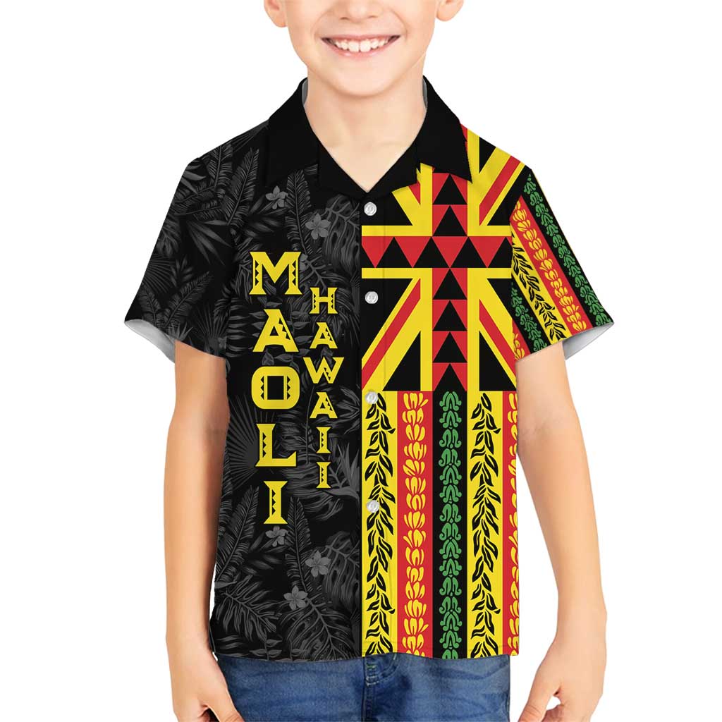 Hawaii Maoli Spirit Family Matching Off Shoulder Maxi Dress and Hawaiian Shirt Kakau Pattern With Flower Lei LT05 Son's Shirt Black - Polynesian Pride