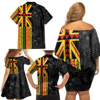 Hawaii Maoli Spirit Family Matching Off Shoulder Short Dress and Hawaiian Shirt Kakau Pattern With Flower Lei LT05 - Polynesian Pride