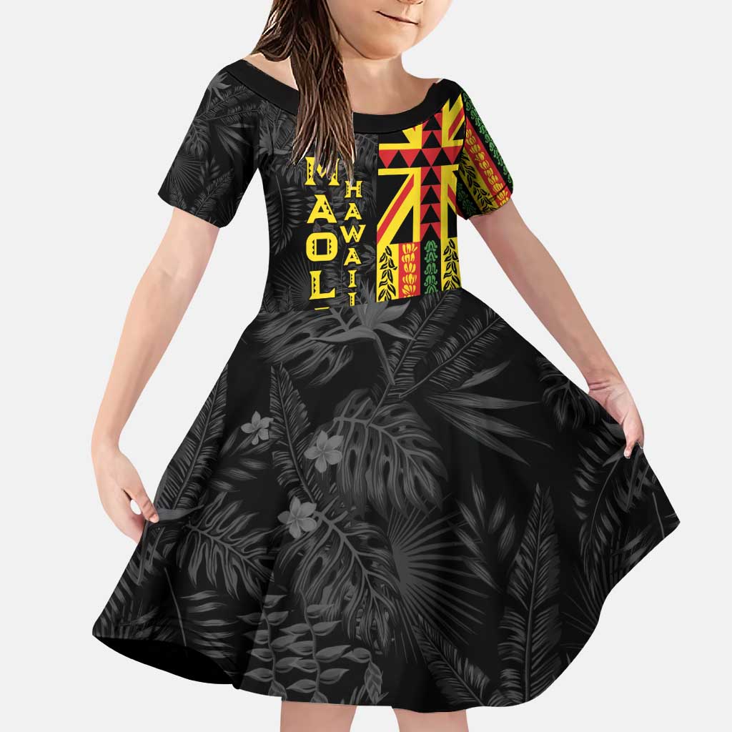 Hawaii Maoli Spirit Family Matching Puletasi and Hawaiian Shirt Kakau Pattern With Flower Lei LT05 Daughter's Dress Black - Polynesian Pride