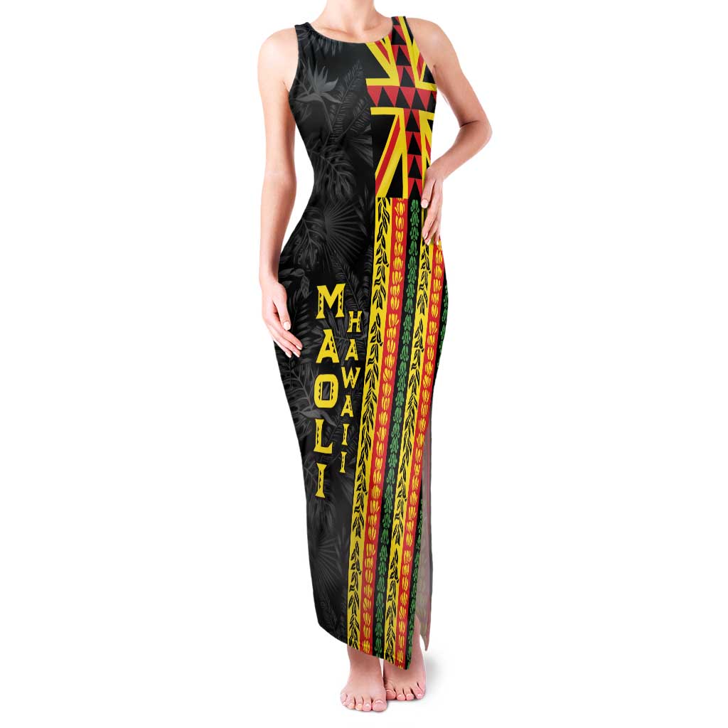 Hawaii Maoli Spirit Family Matching Tank Maxi Dress and Hawaiian Shirt Kakau Pattern With Flower Lei LT05 Mom's Dress Black - Polynesian Pride