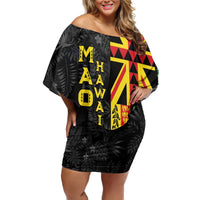 Hawaii Maoli Spirit Off Shoulder Short Dress Kakau Pattern With Flower Lei - Polynesian Pride